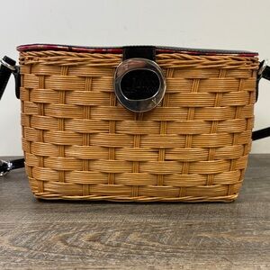 Frances Valentine “PIPPA” Wicker Crossbody Bag with Patent Trim & Floral Lining